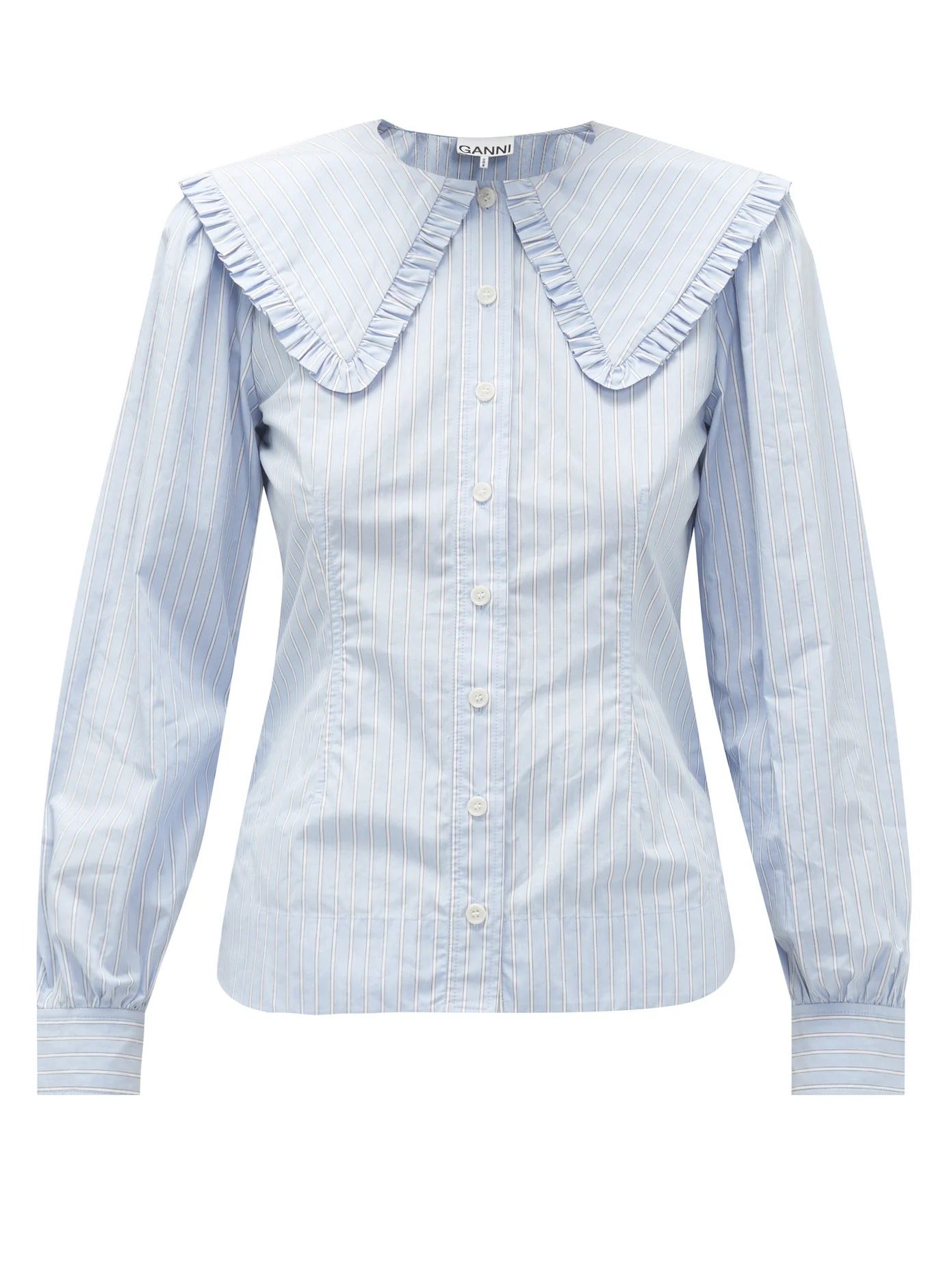 Ganni + Ruffled Collar Striped Cotton Poplin Blouse