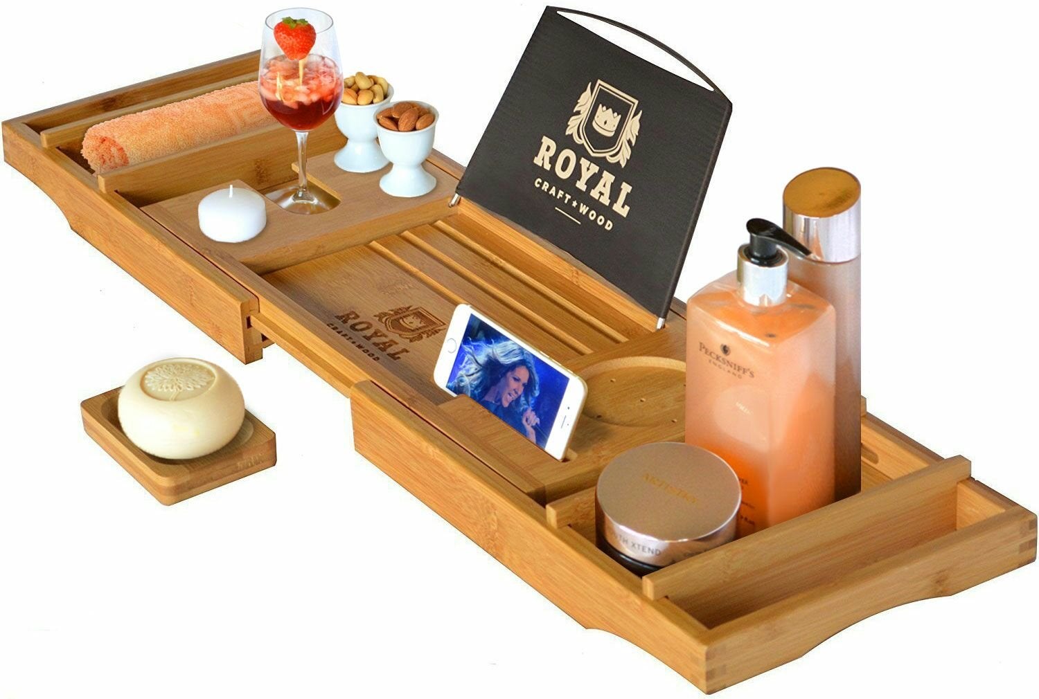 Luxury Expandable Bamboo Bathtub Caddy Tray & Free Soap Dish ROYAL CRAFT WOOD 