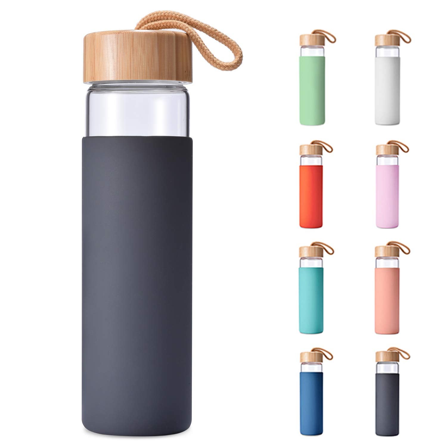 Yomious + 20 Oz Borosilicate Glass Water Bottle with Bamboo Lid