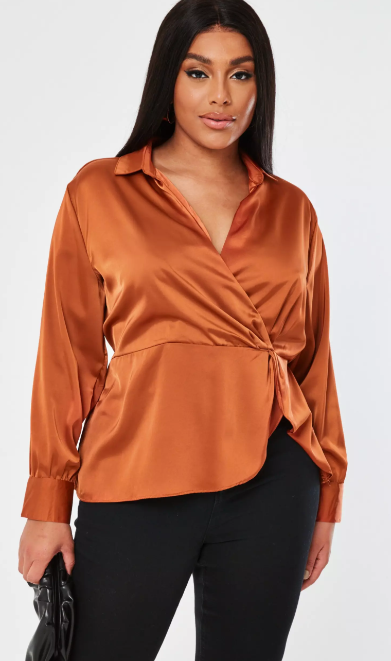 satin wrap front blouse