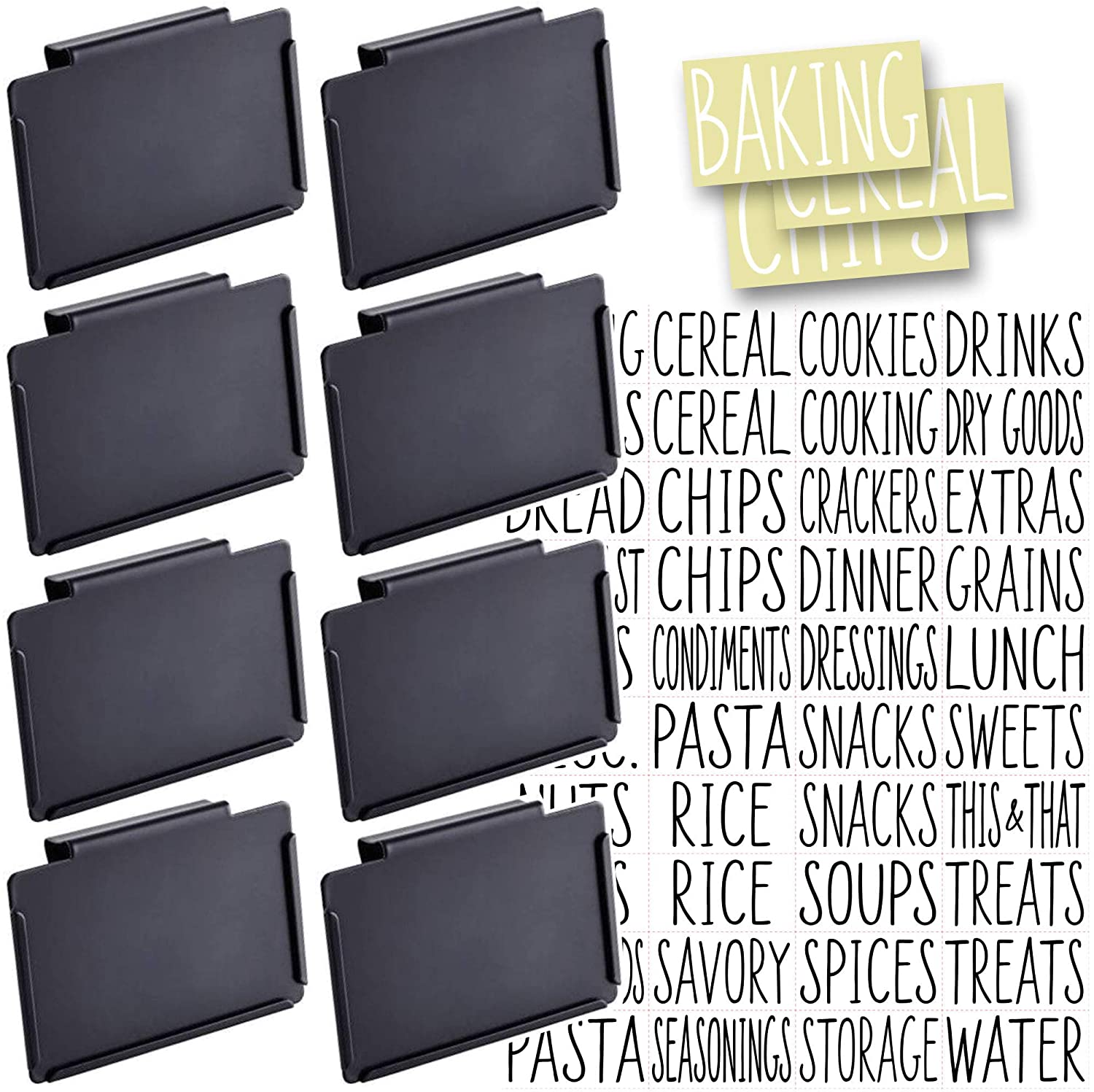 12 Pack Black Basket Labels Clip On with 40 Chalkboard Labels Includes 12 Label Cards Metal Label Holders for Storage Bins Removable Bin Clip Labels for Baskets Pantry Labels Clips 2 White Chalk 