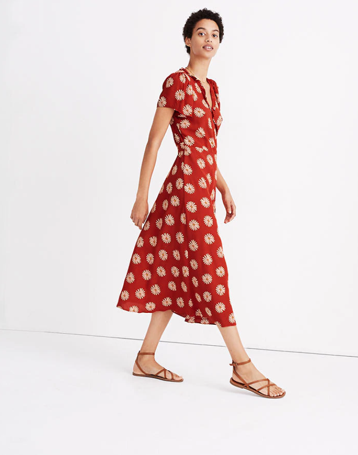 crepe ruffle wrap midi skater dress