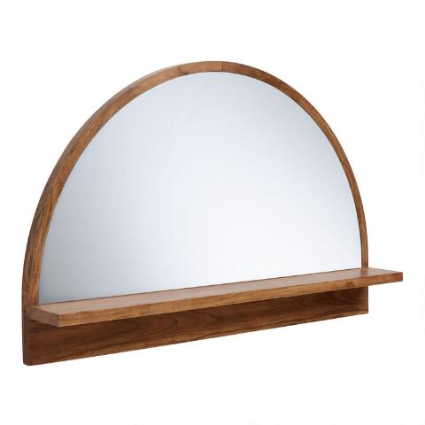 Half Round Mirror With Acacia Wood Shelf, Wooden Round Mirror With Shelf