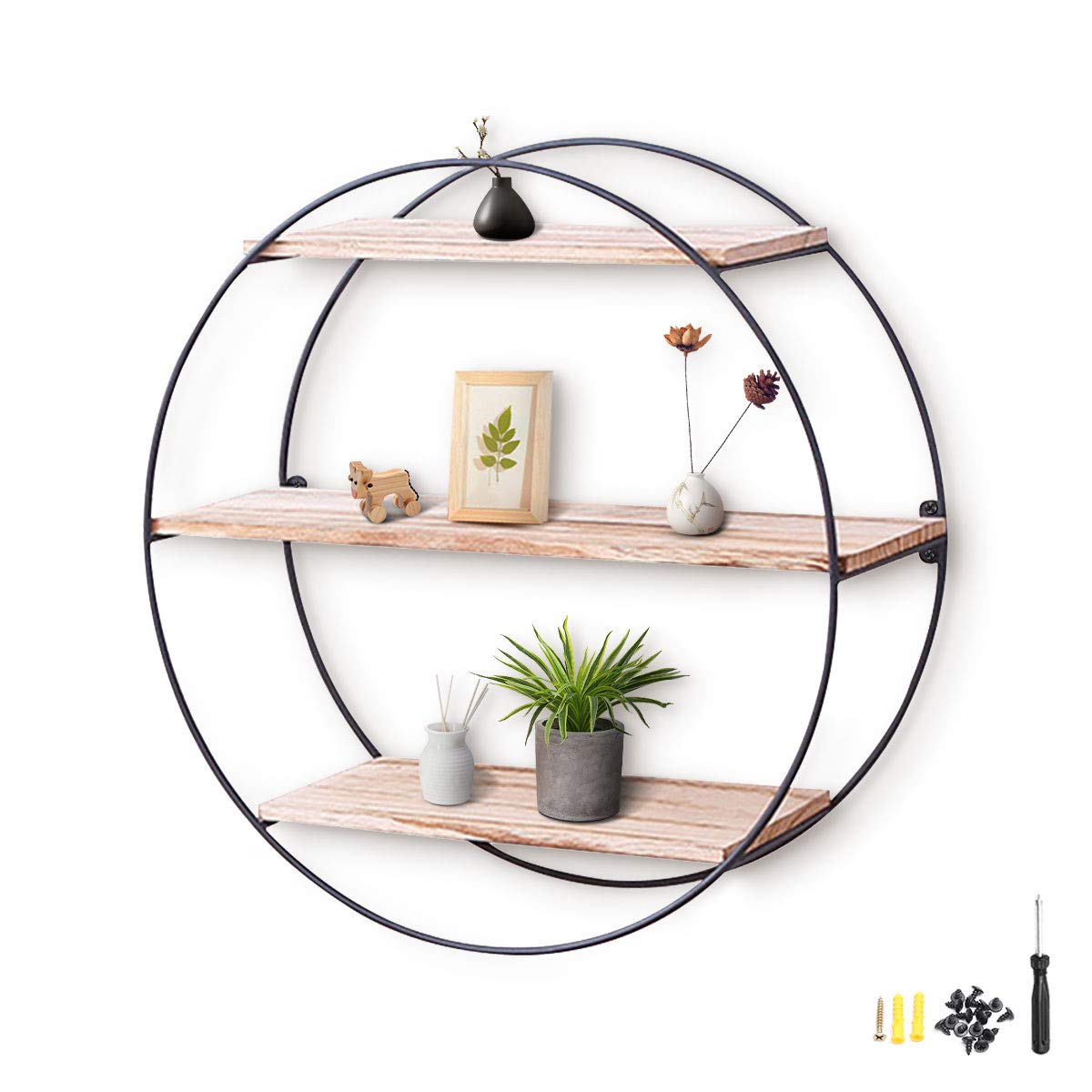 KINGSO + Rustic Floating Wood Circle Shelf