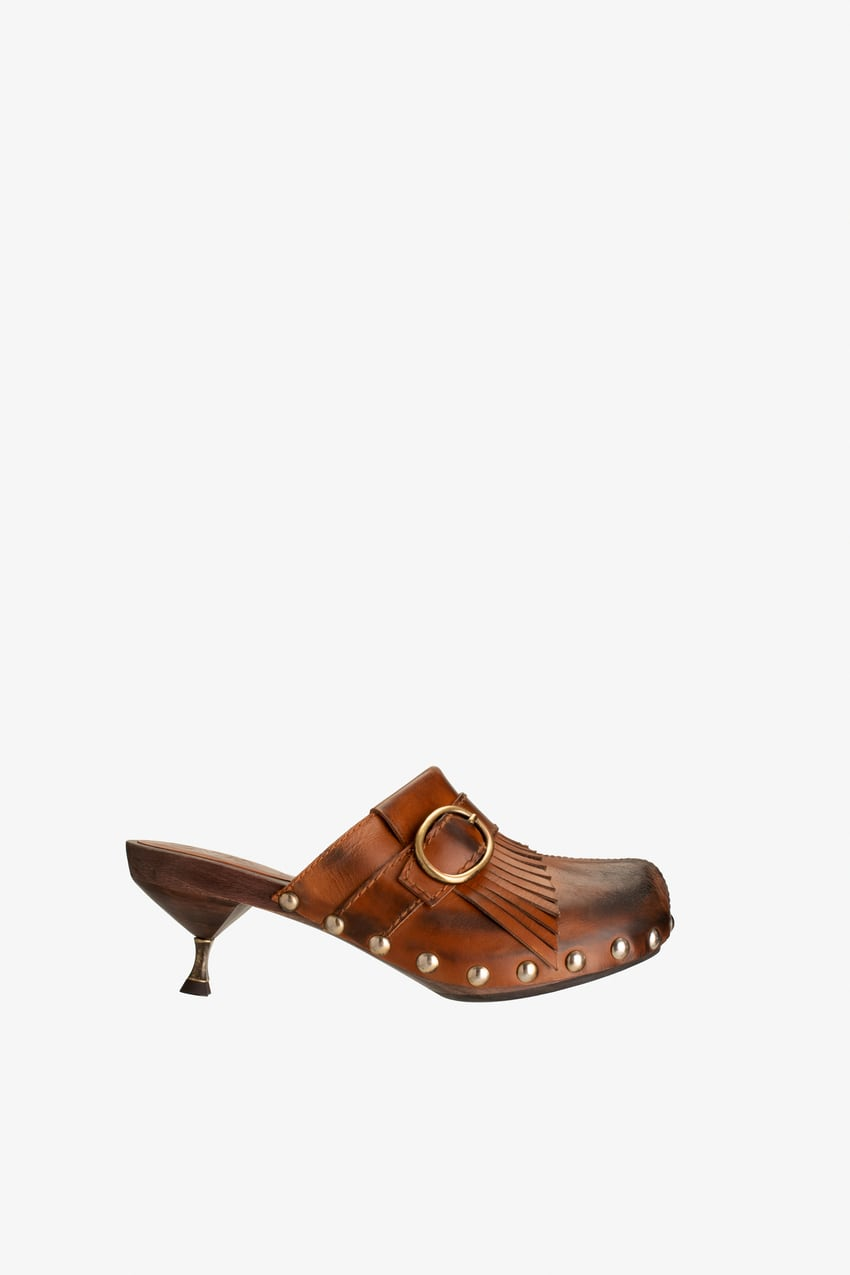 leather clogs with wooden heels