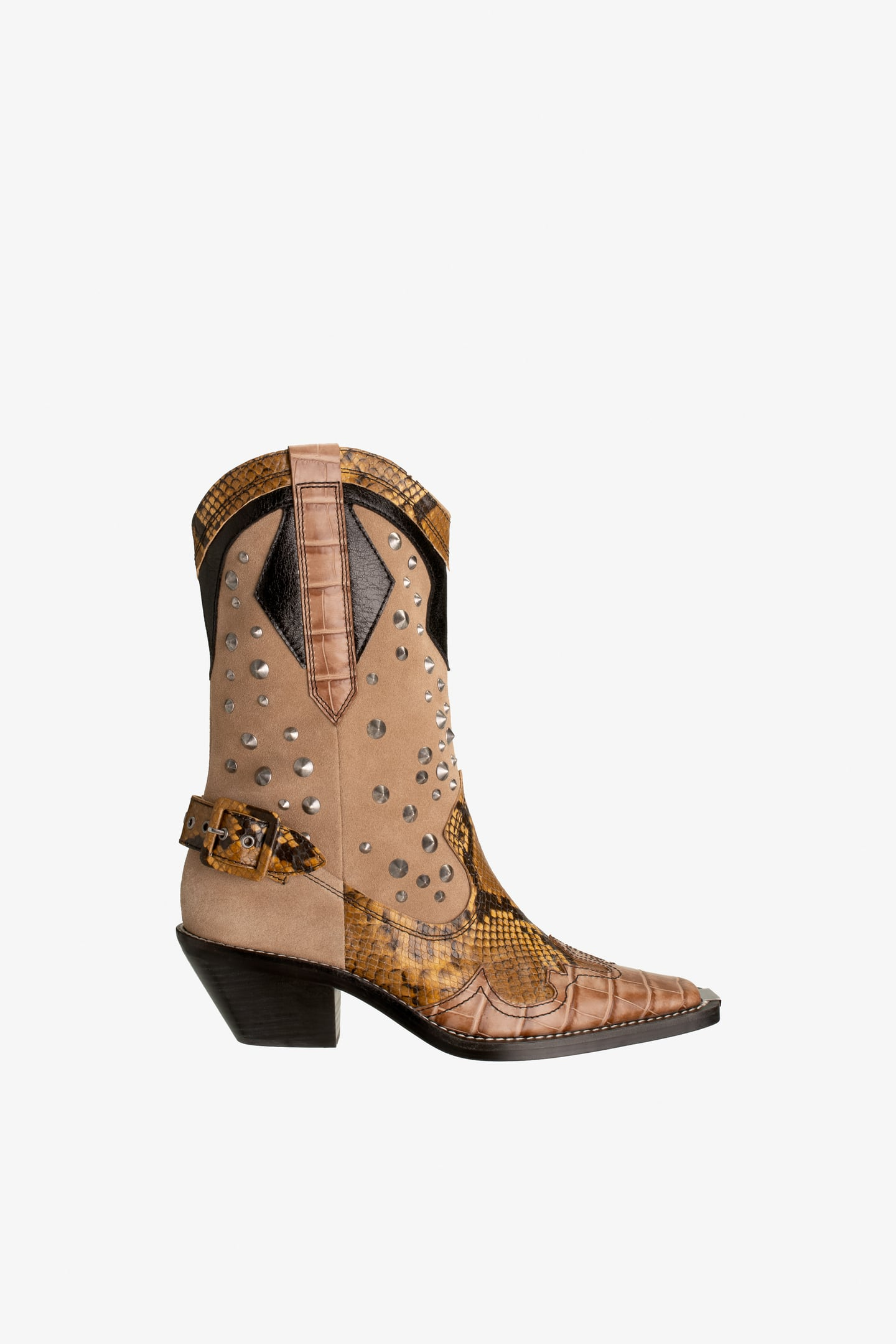 Zara + Studded Leather Heeled Cowboy Boots