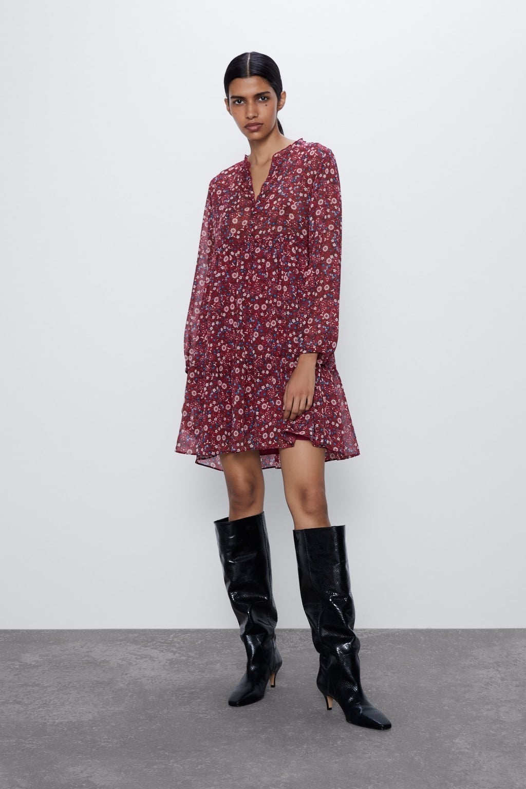Zara + Printed Dress With Gem Buttons