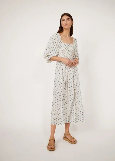 warehouse puff sleeve crepe dress