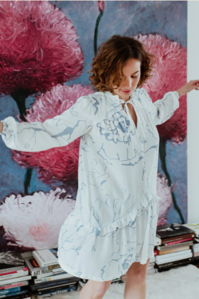 Birdsong + White Printed Prairie Dress