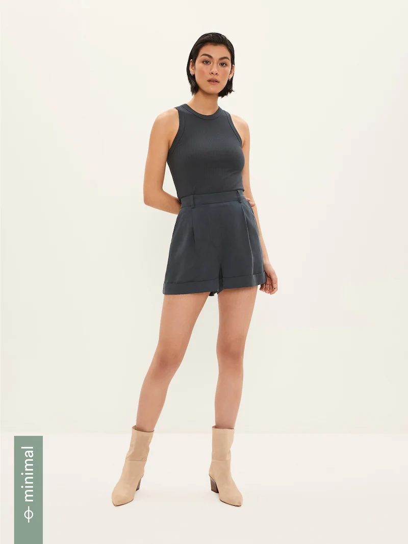 SaleFrank and Oak Linen-Tencel High Waisted Shorts in Blue at