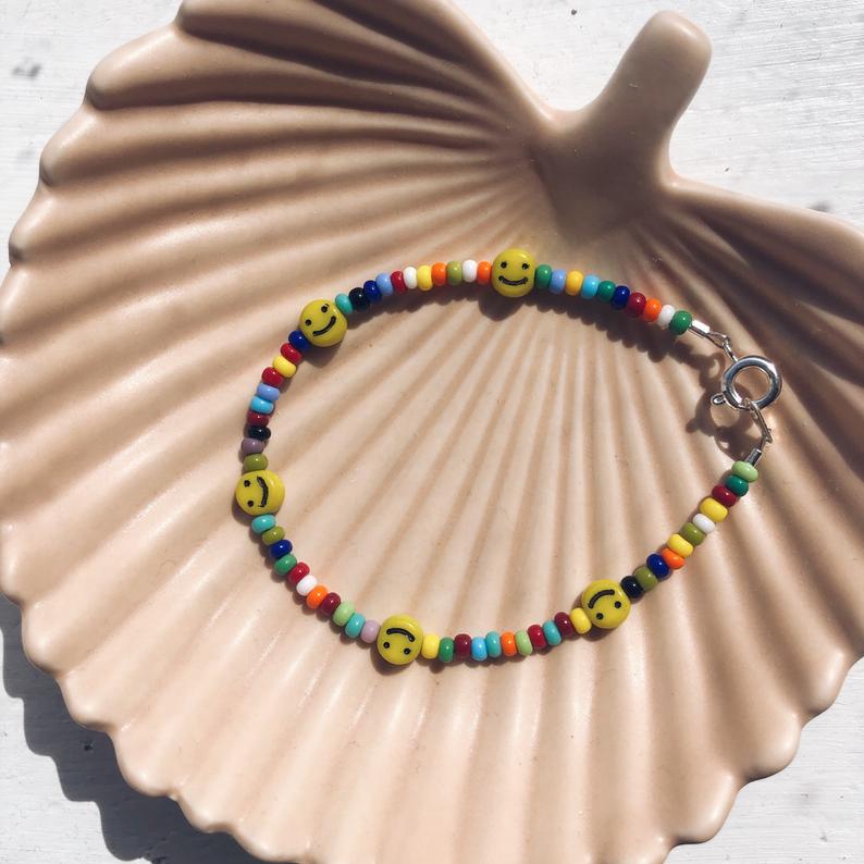 Made By Frankie Rainbow Bead Bracelet with Smiley Faces