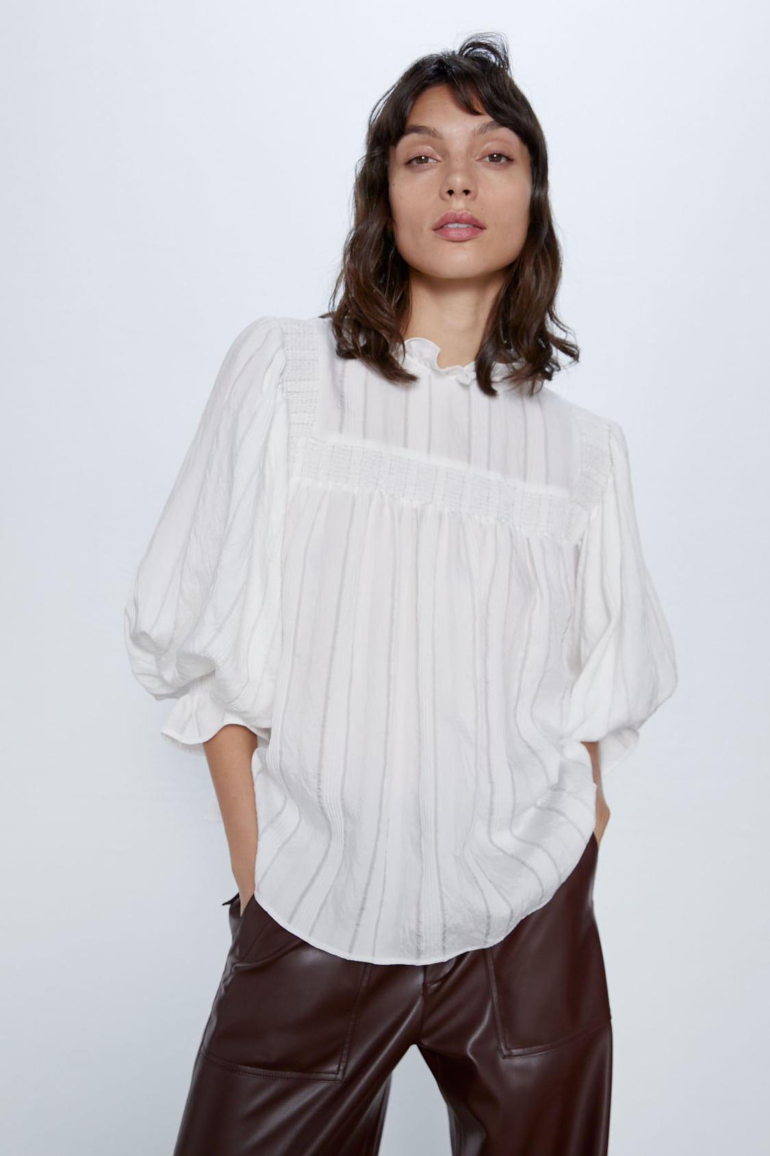 Zara + Contrast Blouse with Ruffled Trims
