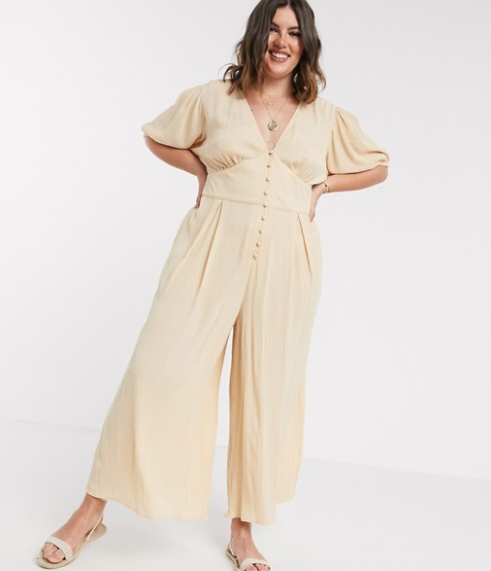 ASOS CURVE + Crinkle Tea Jumpsuit with Puff Sleeve in Stone