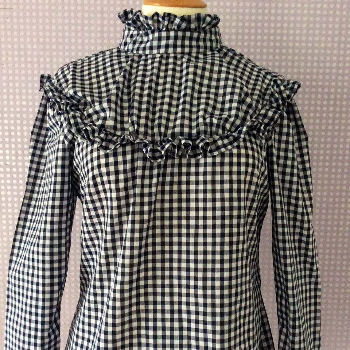 FocusonGlamour + Gingham Check Frill Ruffle Collar Button Back Blouses