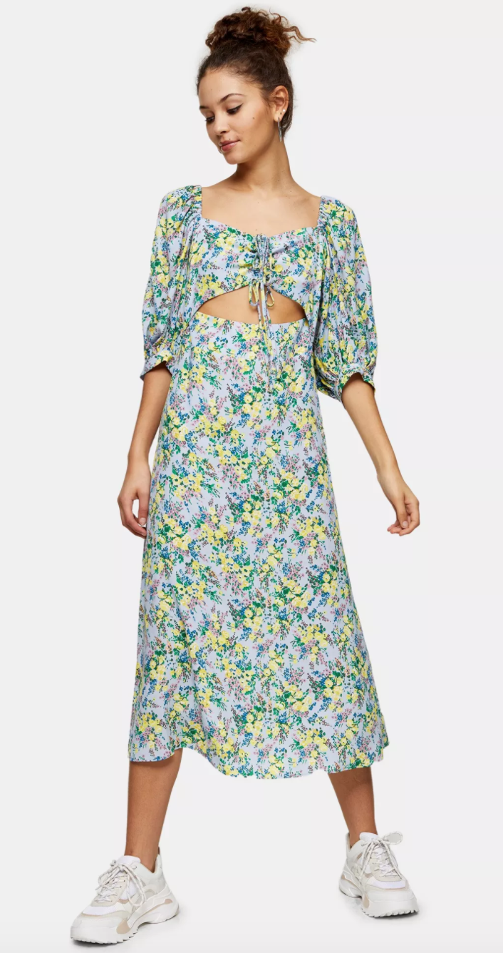 Top Shop + Blue Floral Print Cut Out Midi Dress