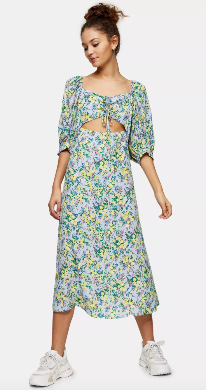 Top Shop Blue Floral Print Cut Out Midi Dress