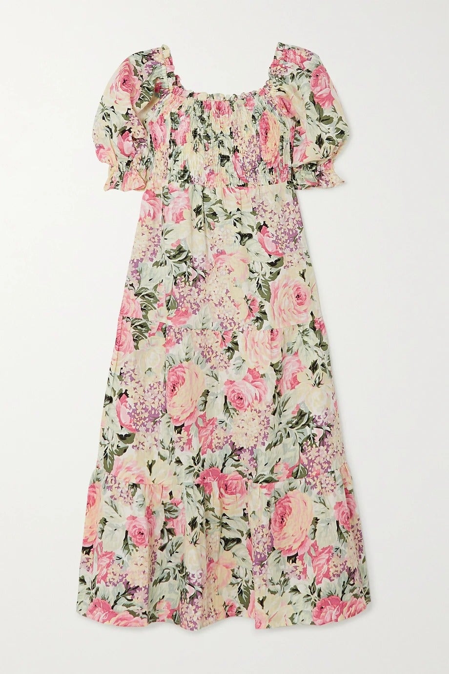 Faithfull the Brand + De Christin Shirred Floral-Print Linen Midi Dress