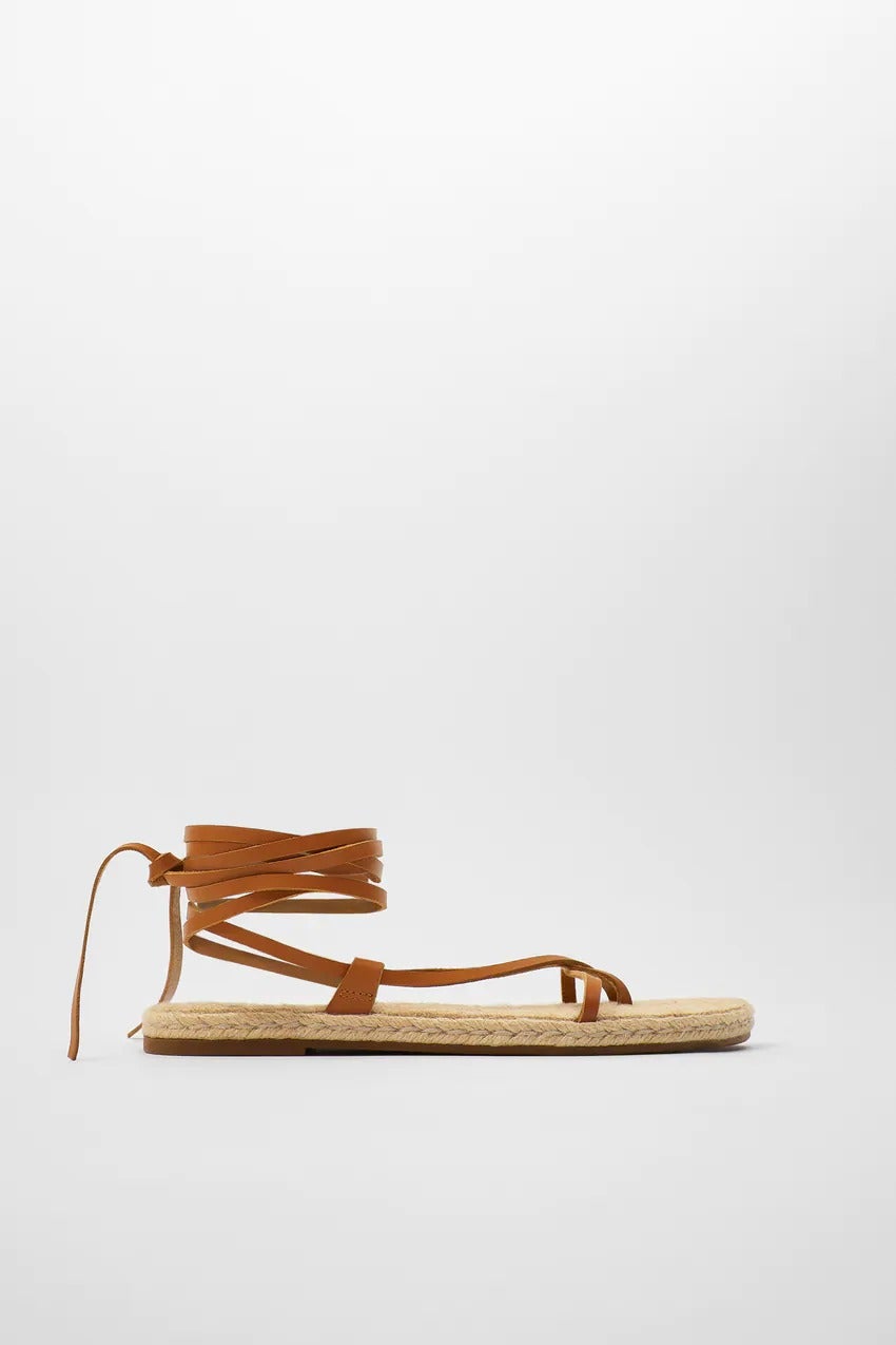 zara tied flat leather sandals