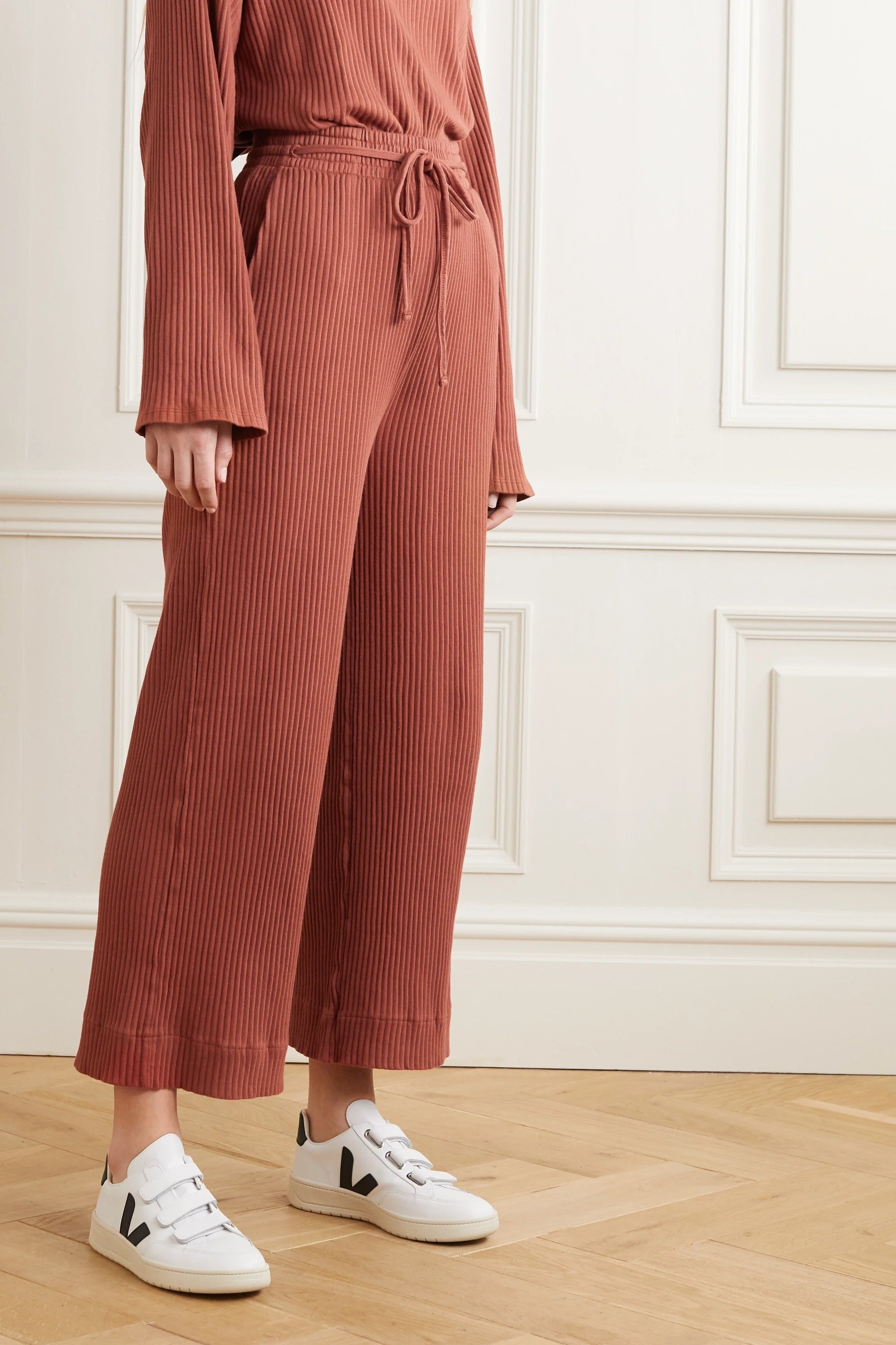 Baserange + Wayn Cropped Ribbed Organic Cotton Wide Leg Trousers
