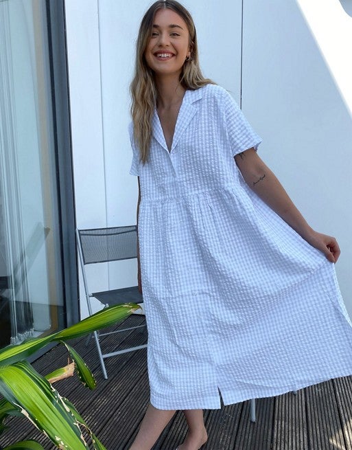 Monki Light Blue Gingham Print Oversizes Dress