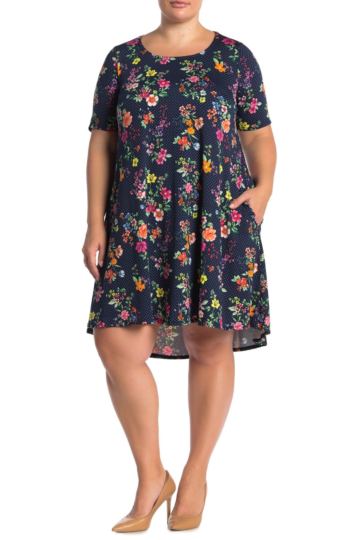 Nina Leonard + Scoop Neck Short Sleeve Printed Dress (Plus Size)