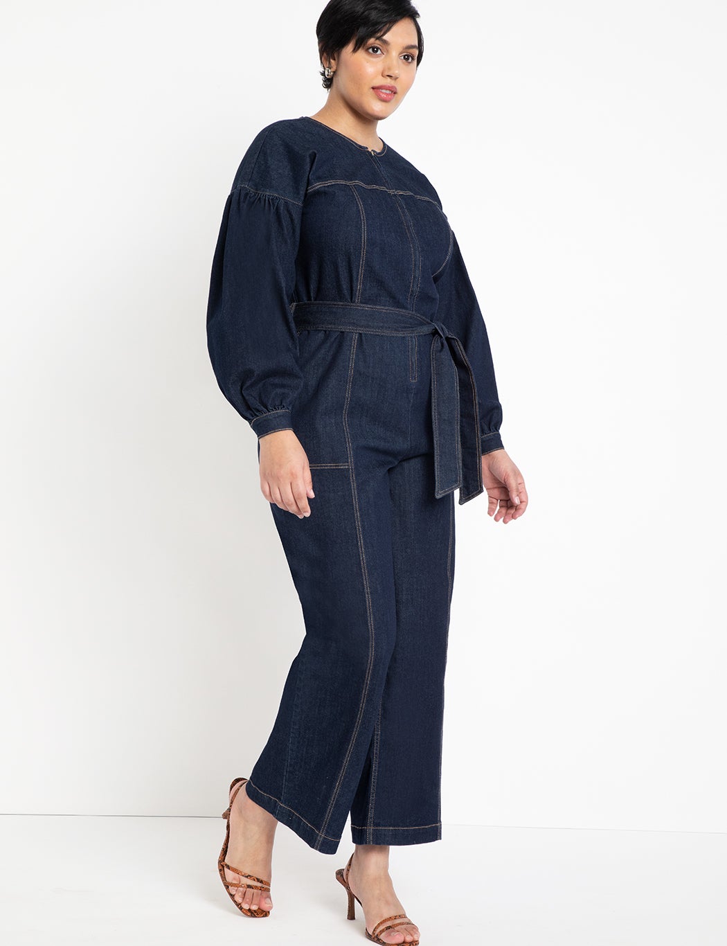 Eloquii + Puff Sleeve Denim Jumpsuit