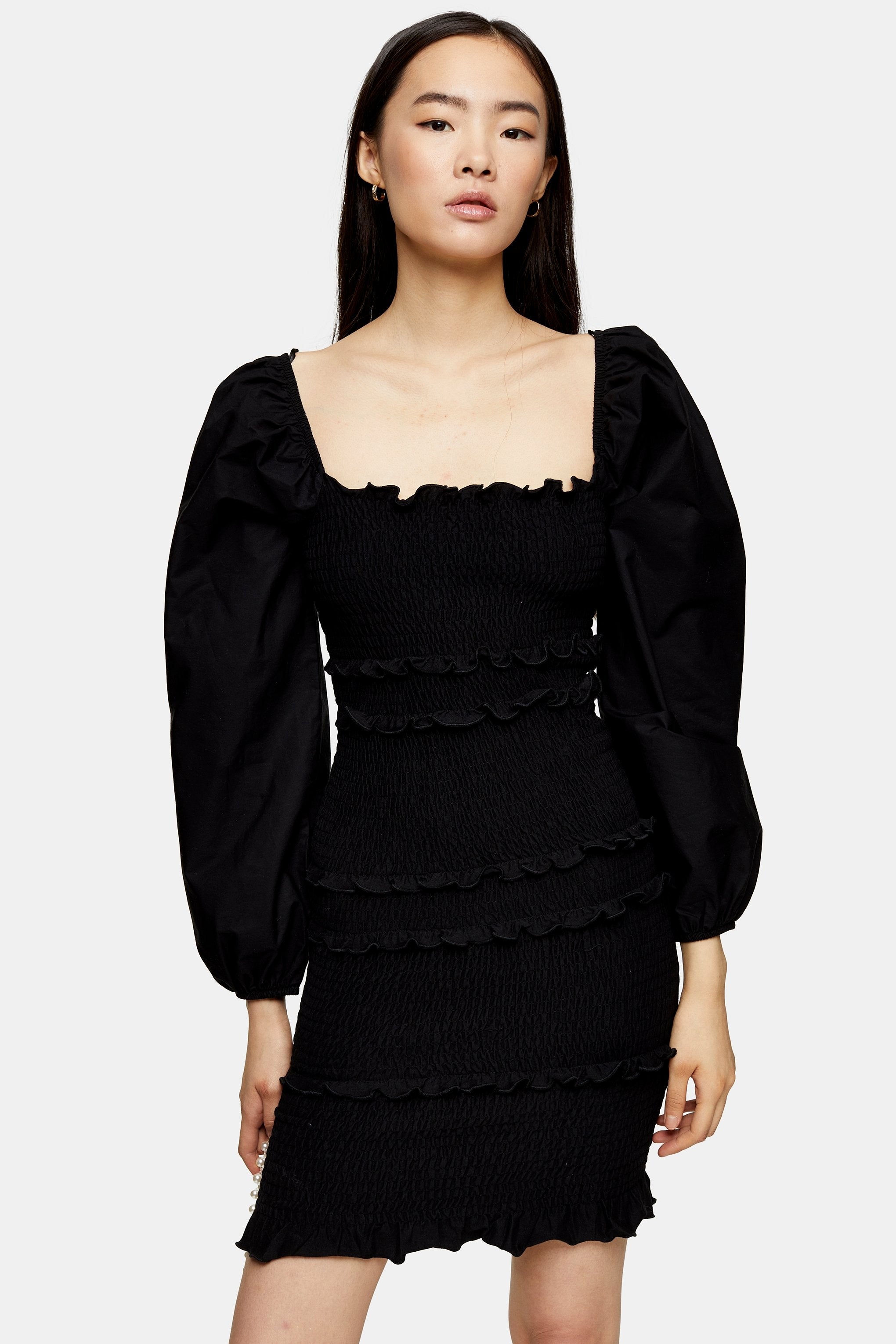 Topshop + Black Shirred Pop Mini Dress