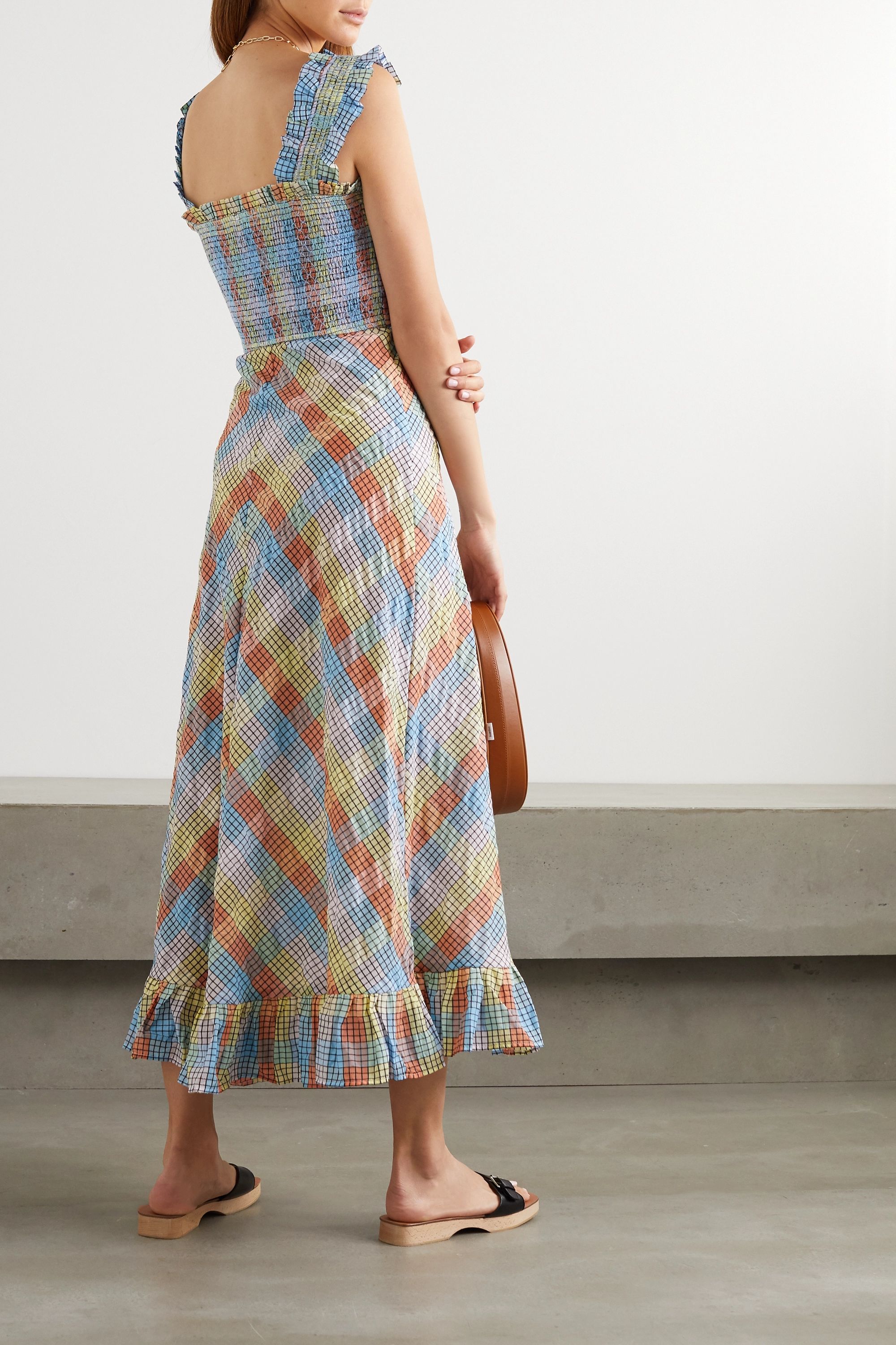Ganni + Ruffled Smocked Checked Cotton-Blend Seersucker Midi