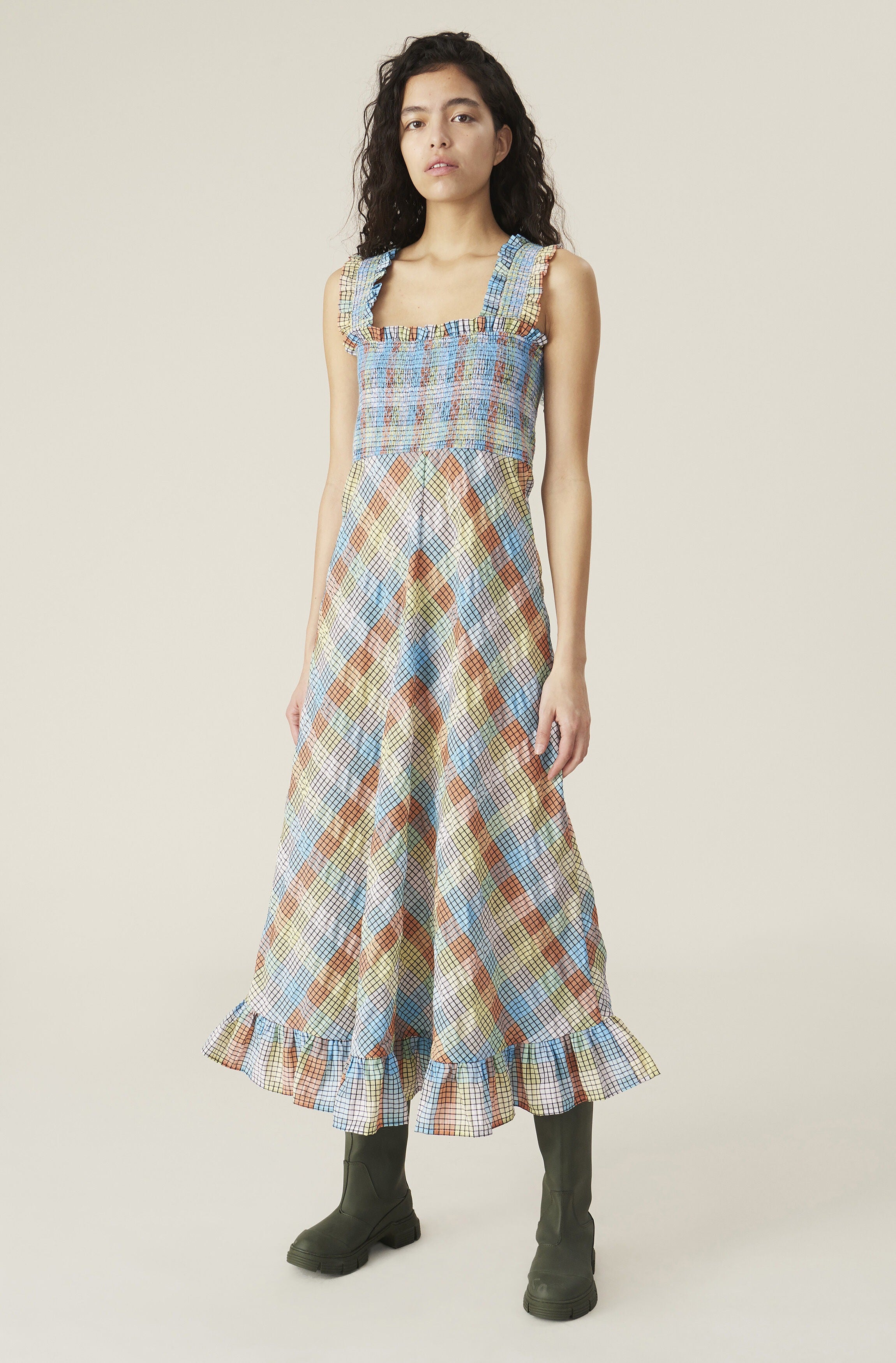 Ganni Multicolour Seersucker Check Maxi Dress