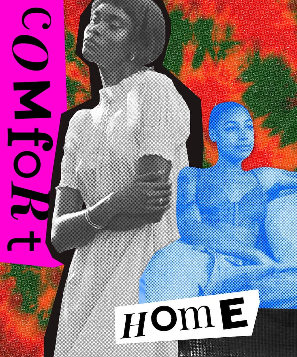 A woman embracing herself in a loose dress and another person relaxing, a tie dye background, and the words 'comfort' and 'home'