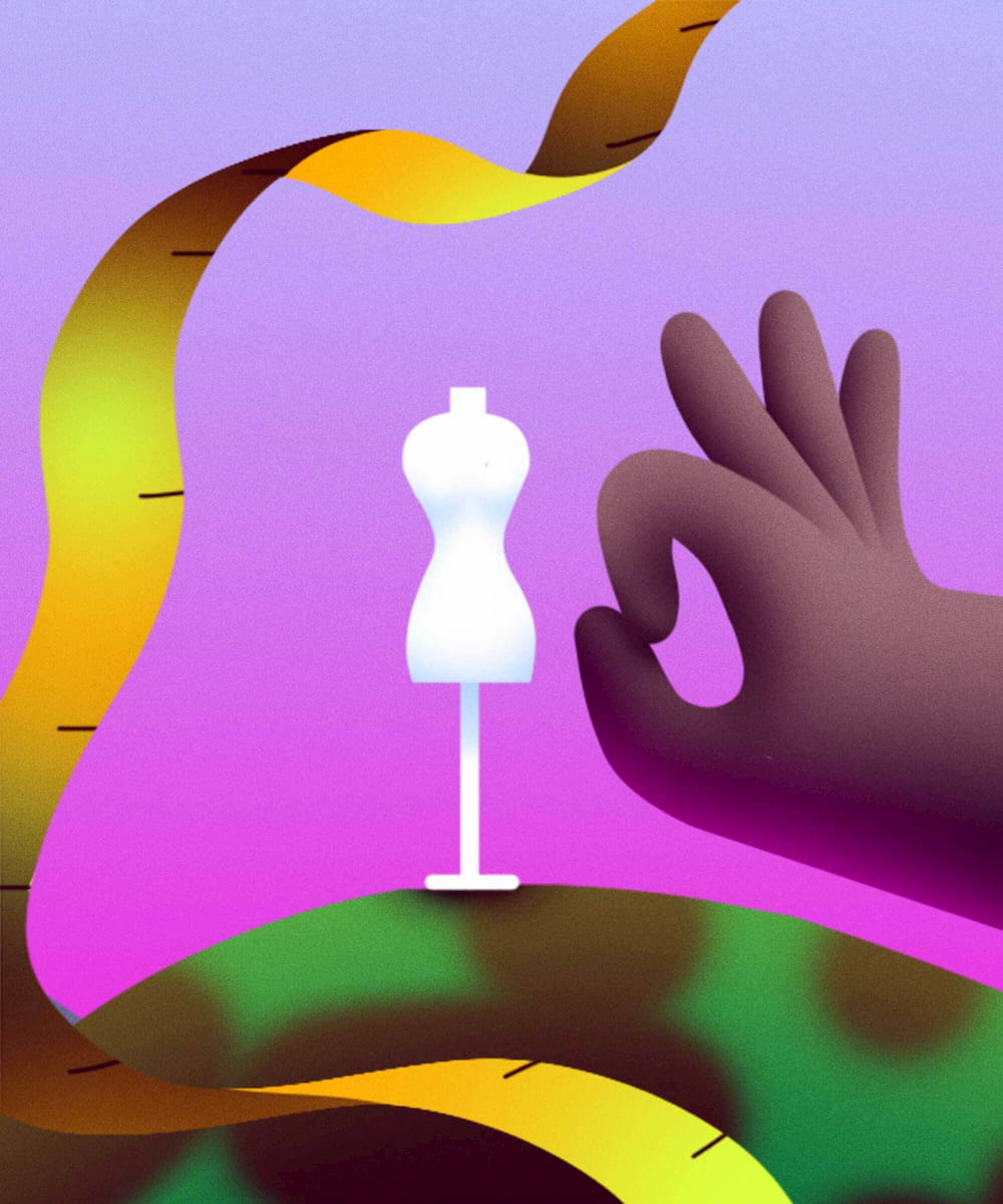 A plus-size woman flicks away a tiny dress form