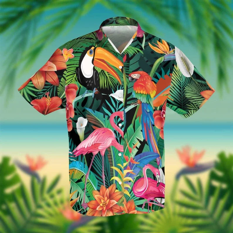 Ingota + Pink Flamingo And Parrot Tropical Shirt and Shorts, Summer Short  Sleeve Button Hawaiian Shirt Beach Short, Button Down Hawaiian Style Shirt
